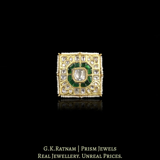 23k Gold and Diamond Polki Square Ring with Big Polki at the center