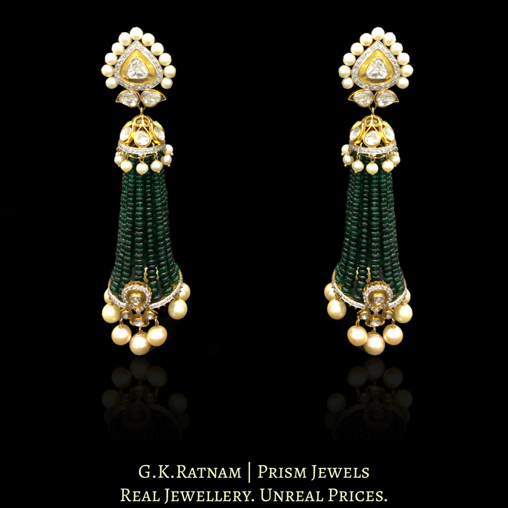 14k Gold and Diamond Polki Open Setting Long Jhumki Earring Pair With Emerald-Grade Green Beryls