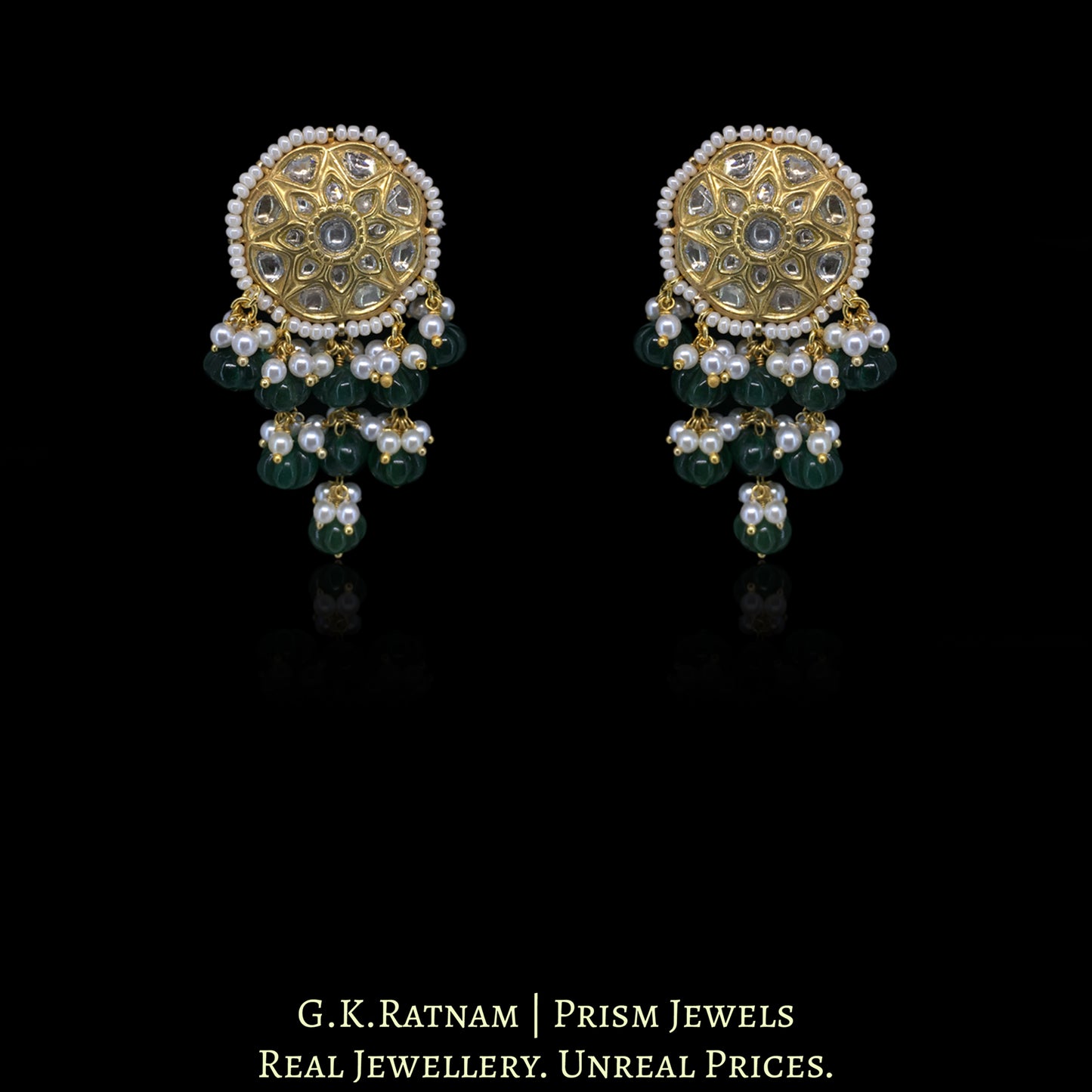 23k Gold and Diamond Polki Pendant Set with emerald-green Beryls - G. K. Ratnam