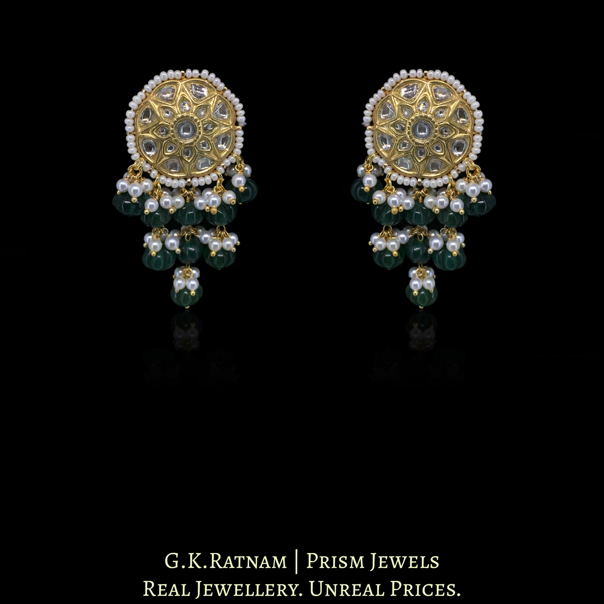 23k Gold and Diamond Polki Pendant Set with emerald-green Beryls - G. K. Ratnam