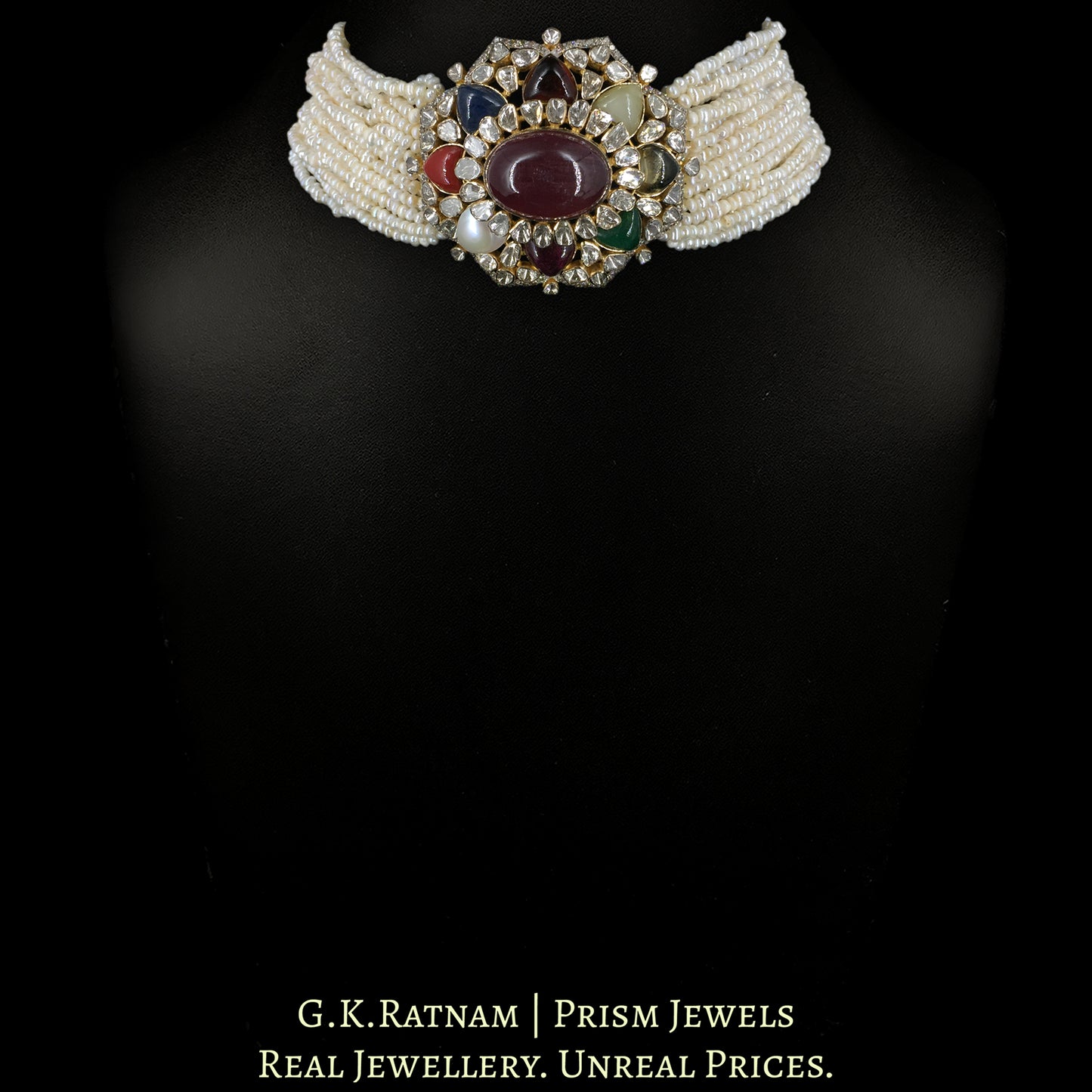18k Gold and Diamond Polki Open Setting Navratna Choker Necklace Set with Hyderabadi Pearls