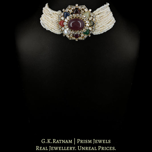 18k Gold and Diamond Polki Open Setting Navratna Choker Necklace Set with Hyderabadi Pearls