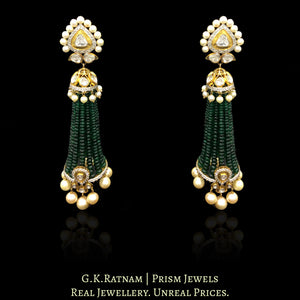 14k Gold and Diamond Polki Open Setting Long Jhumki Earring Pair With Emerald-Grade Green Beryls