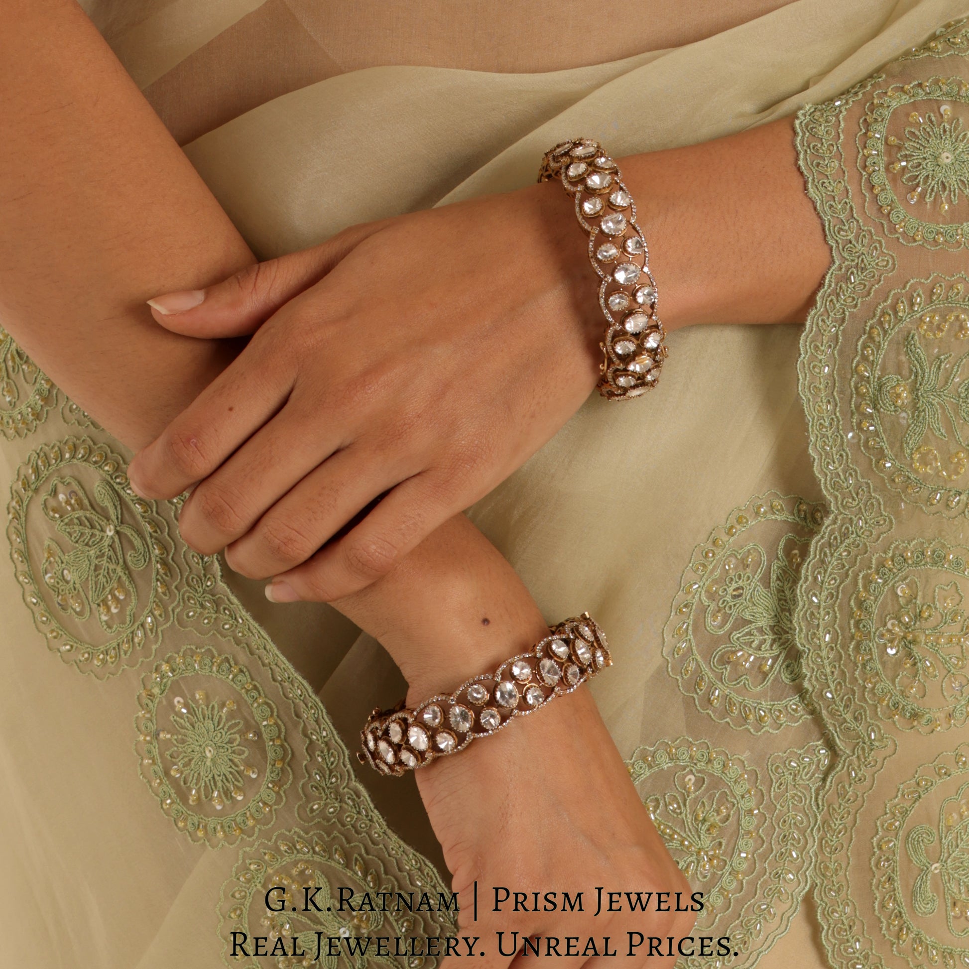 14k Gold and Diamond Polki Open Setting Bangle Pair in Antique Victorian Finish - G. K. Ratnam