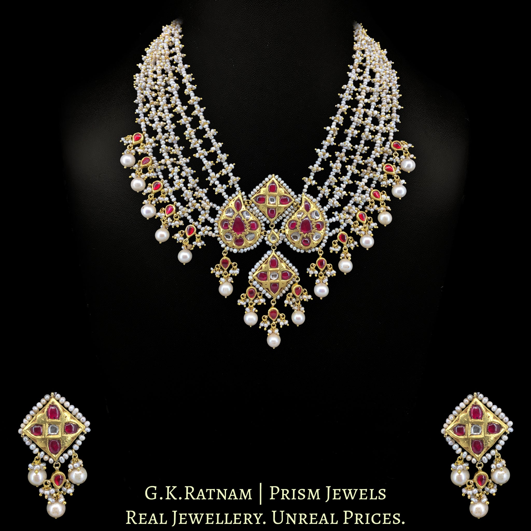 23k Gold and Diamond Polki Necklace Set with Antiqued Freshwater Pearls