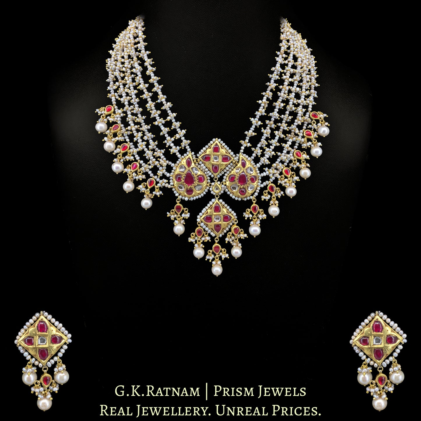 23k Gold and Diamond Polki Necklace Set with Antiqued Freshwater Pearls - G. K. Ratnam