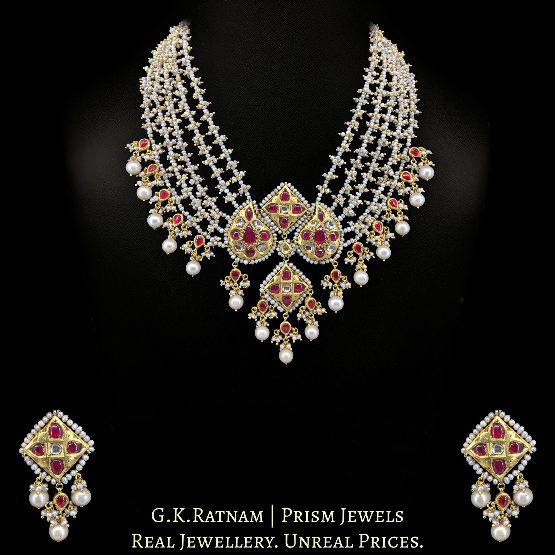 23k Gold and Diamond Polki Necklace Set with Antiqued Freshwater Pearls - G. K. Ratnam