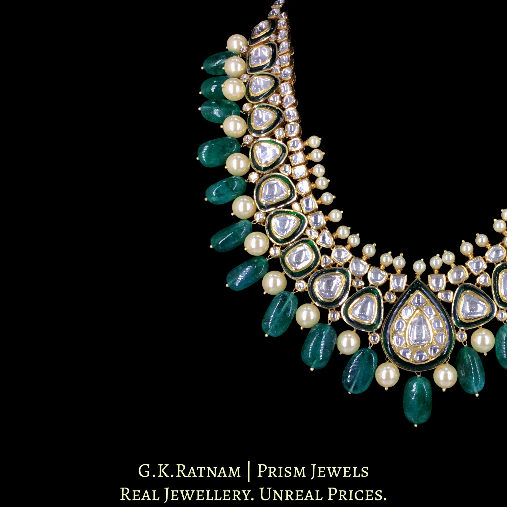 18k Gold and Diamond Polki Long Necklace Set with Green Beryls and Pearls