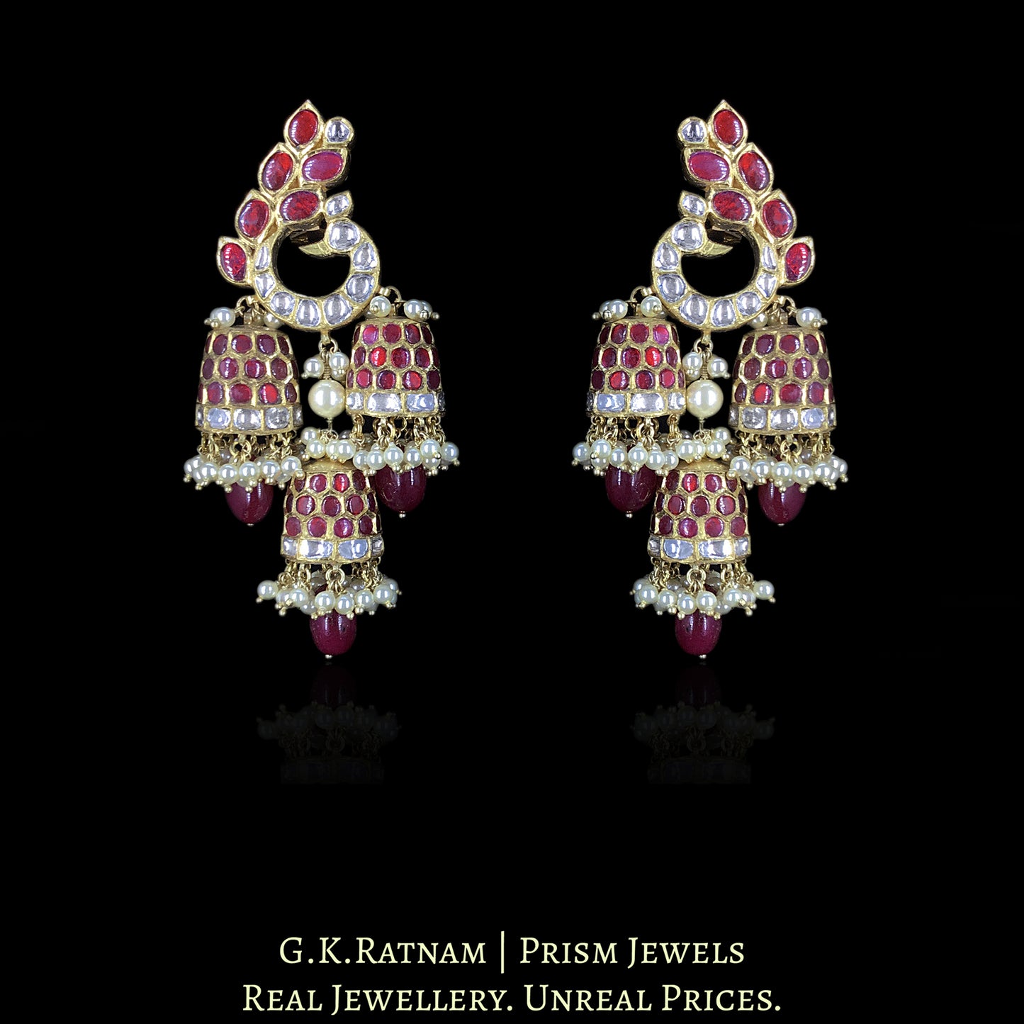 18k Gold and Diamond Polki Peacock-Karanphool Three-Jhumki Earring Pair with Rubies - G. K. Ratnam