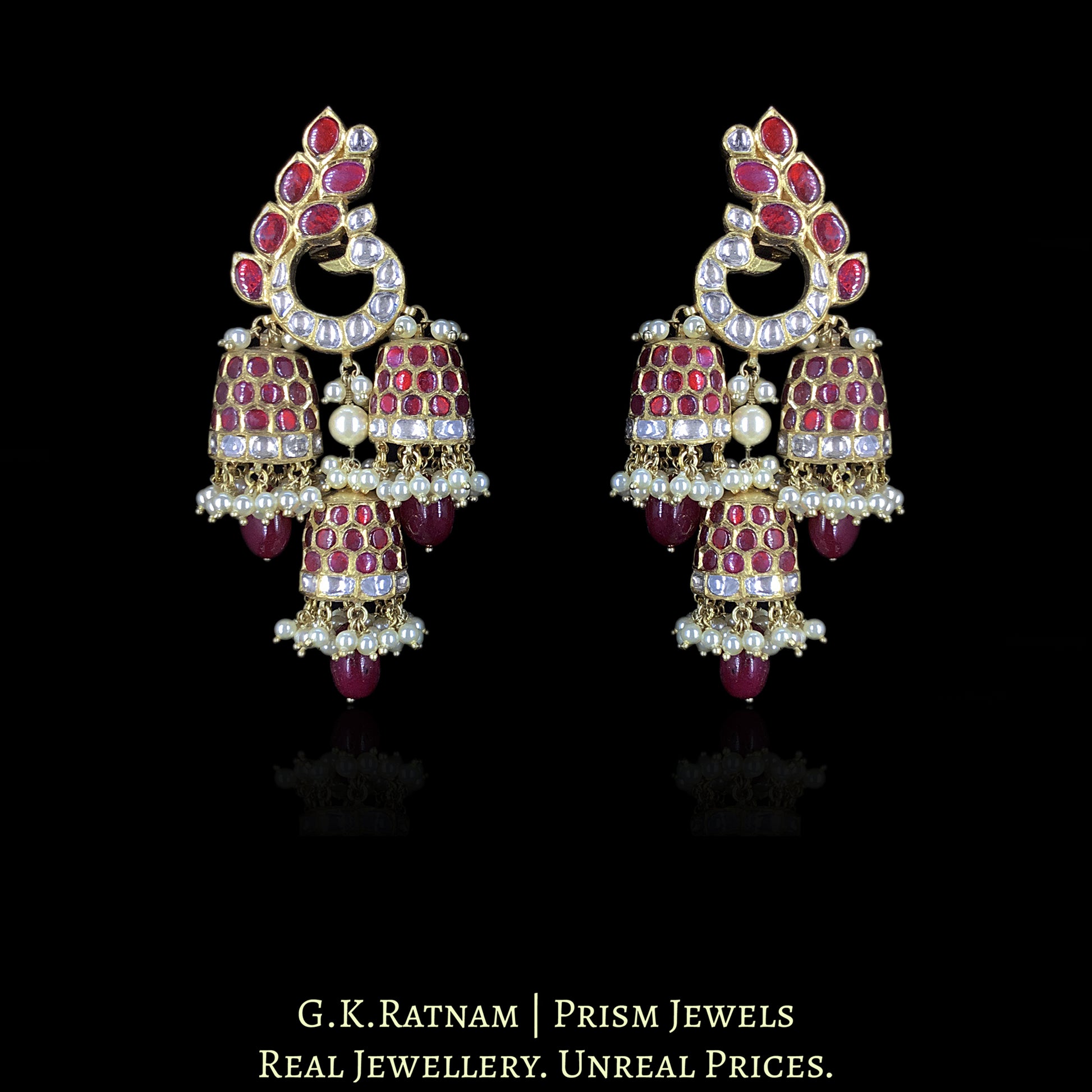 18k Gold and Diamond Polki Peacock-Karanphool Three-Jhumki Earring Pair with Rubies - G. K. Ratnam