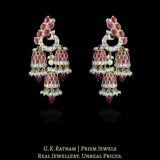 18k Gold and Diamond Polki Peacock-Karanphool Three-Jhumki Earring Pair with Rubies - G. K. Ratnam
