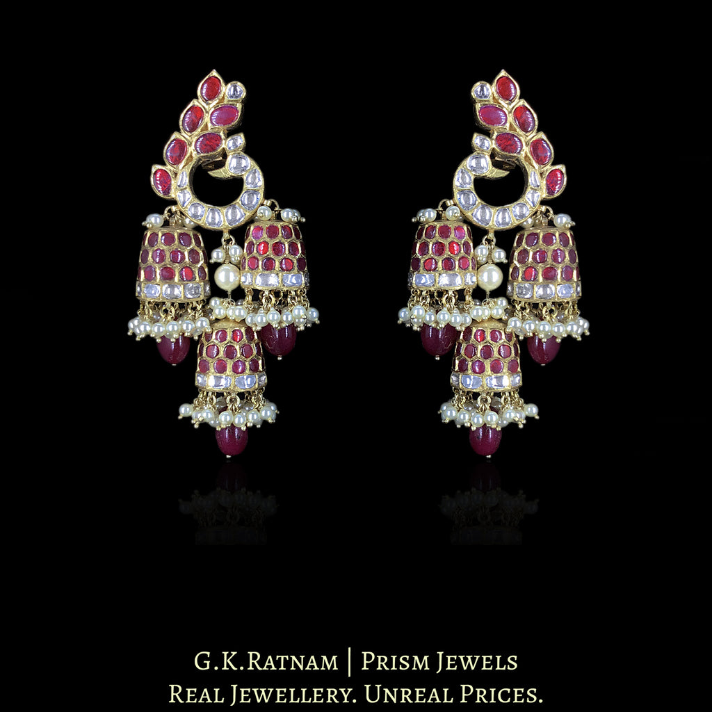 18k Gold and Diamond Polki Peacock-Karanphool Three-Jhumki Earring Pair with Rubies