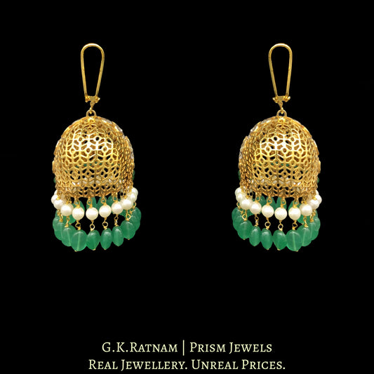 14K Gold and Diamond Polki Open Setting Jhumki Earrings with emerald-green stones