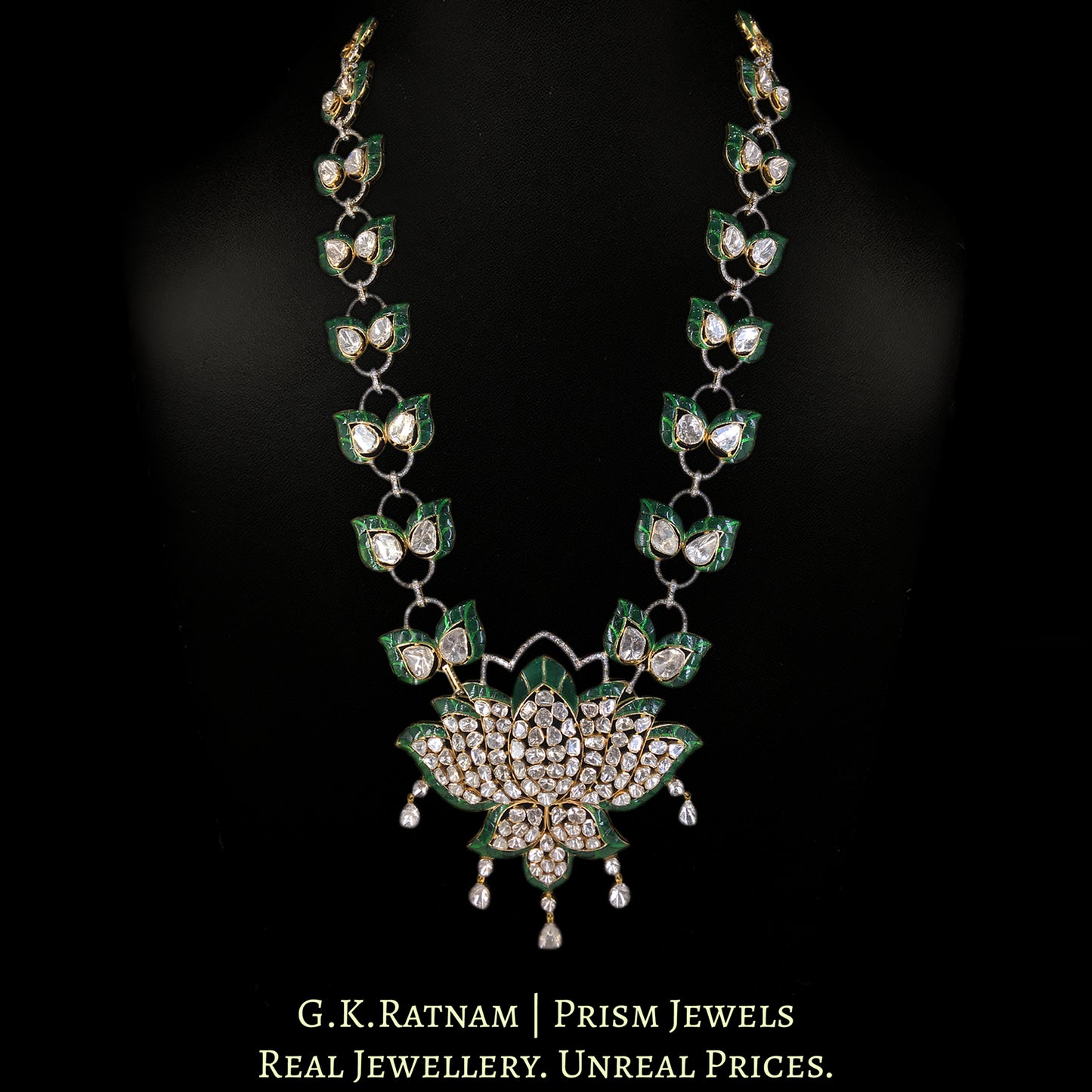 14k Gold and Diamond Polki Open Setting lotus-motif Pendant Necklace in Ranihaar / Patrihaar style - G. K. Ratnam