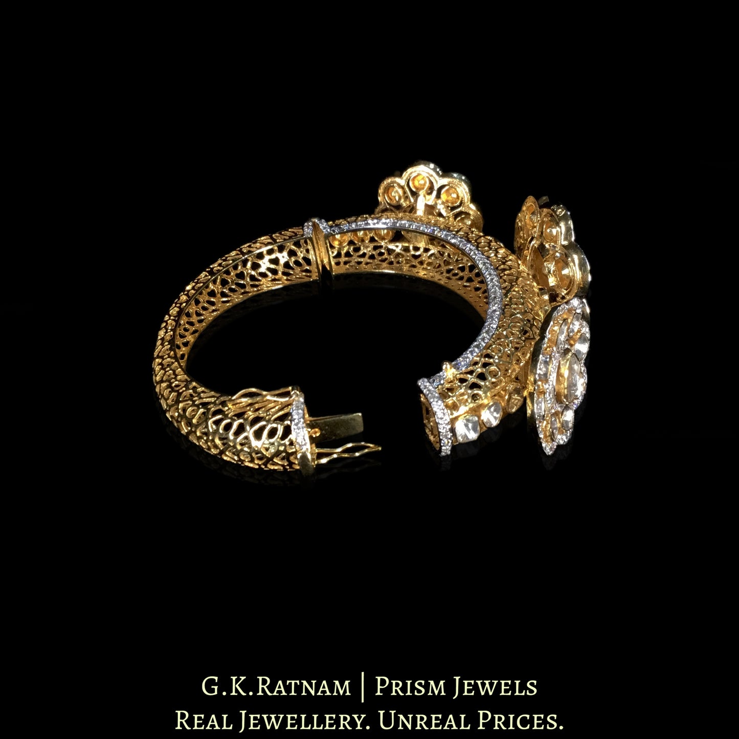 14k Gold and Diamond Polki Open Setting Bangle with protruding floral motifs