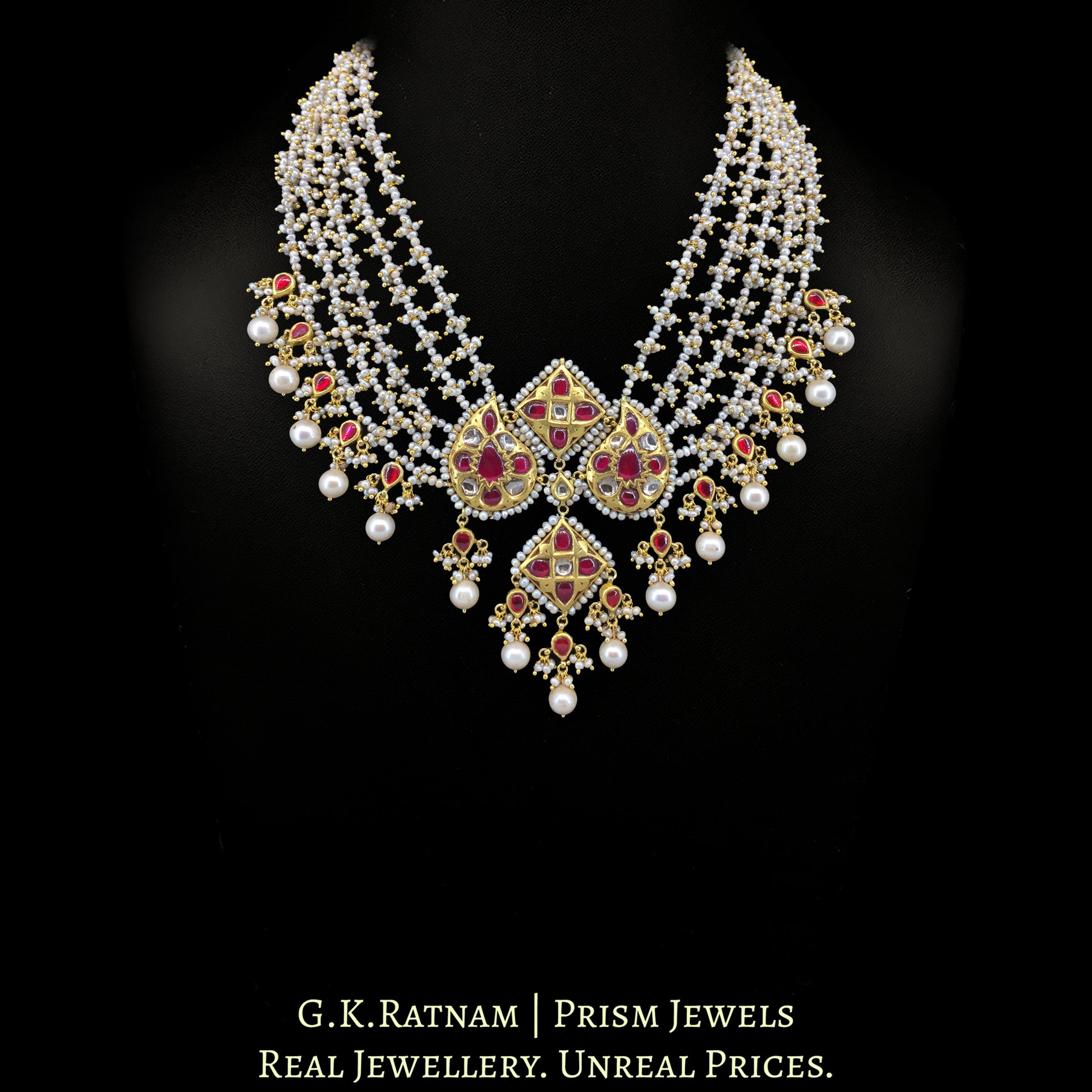 23k Gold and Diamond Polki Necklace Set with Antiqued Freshwater Pearls - G. K. Ratnam