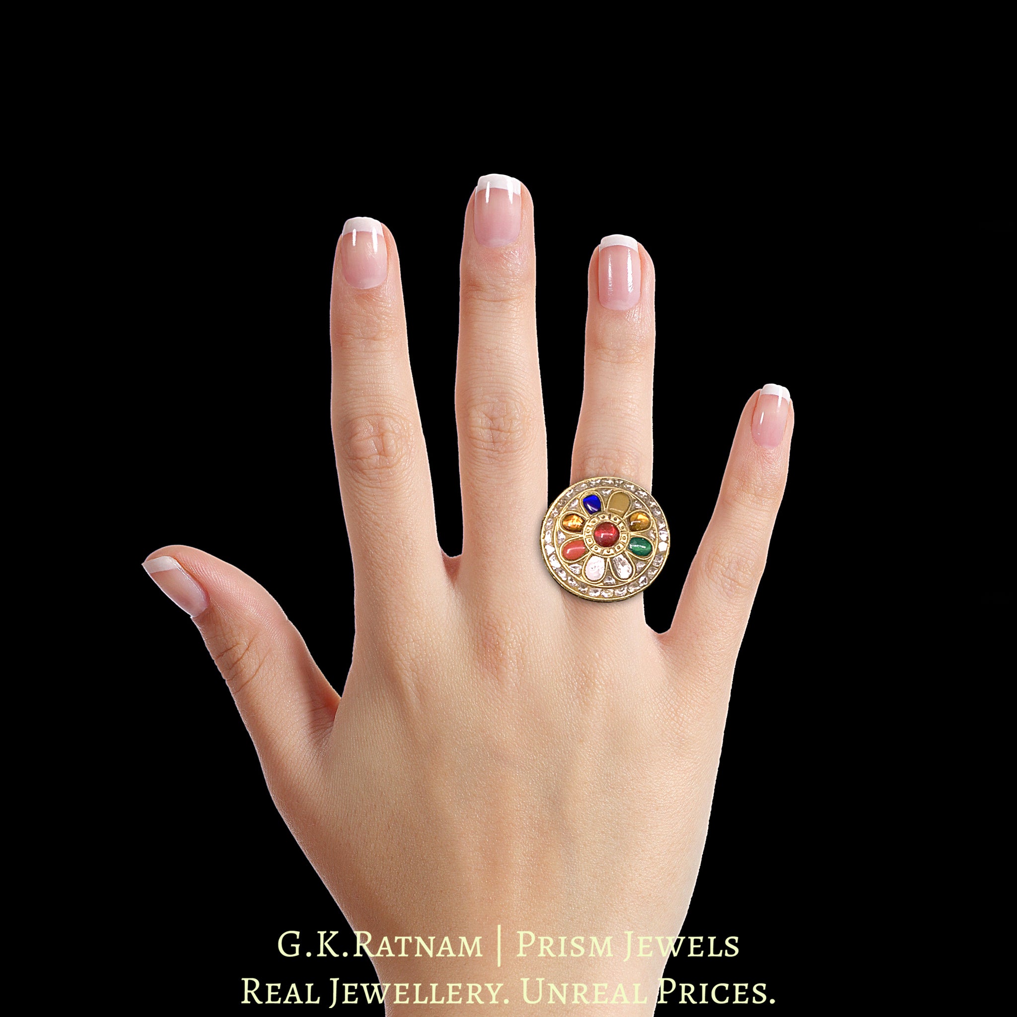 23k Gold and Diamond Polki Antiqued Navratna Ring