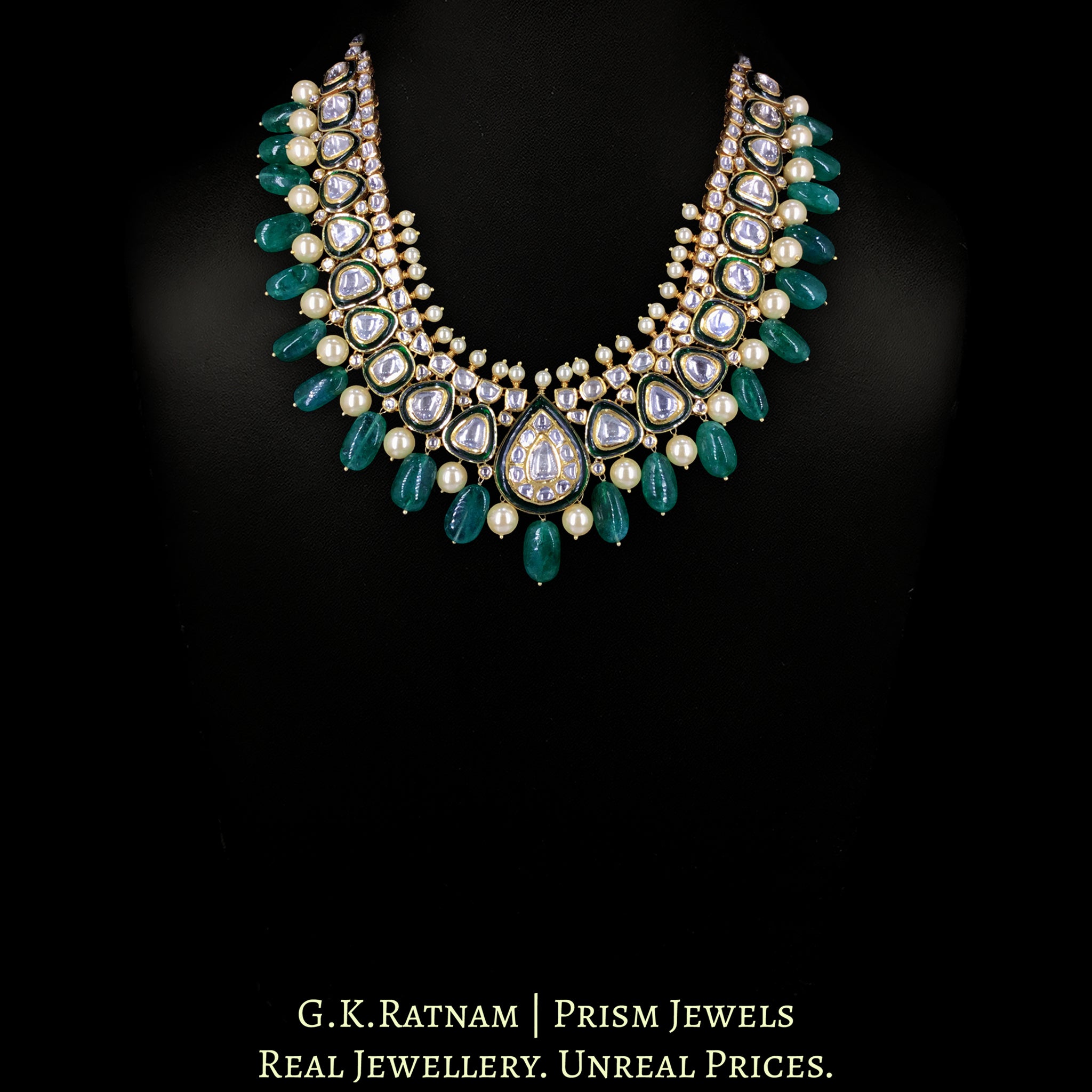 18k Gold and Diamond Polki Long Necklace Set with Green Beryls and Pearls