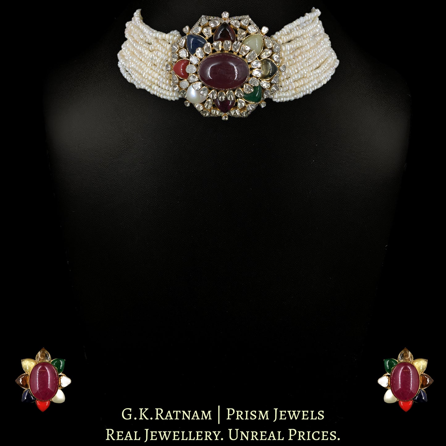 18k Gold and Diamond Polki Open Setting Navratna Choker Necklace Set with Hyderabadi Pearls