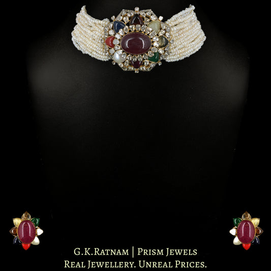 18k Gold and Diamond Polki Open Setting Navratna Choker Necklace Set with Hyderabadi Pearls