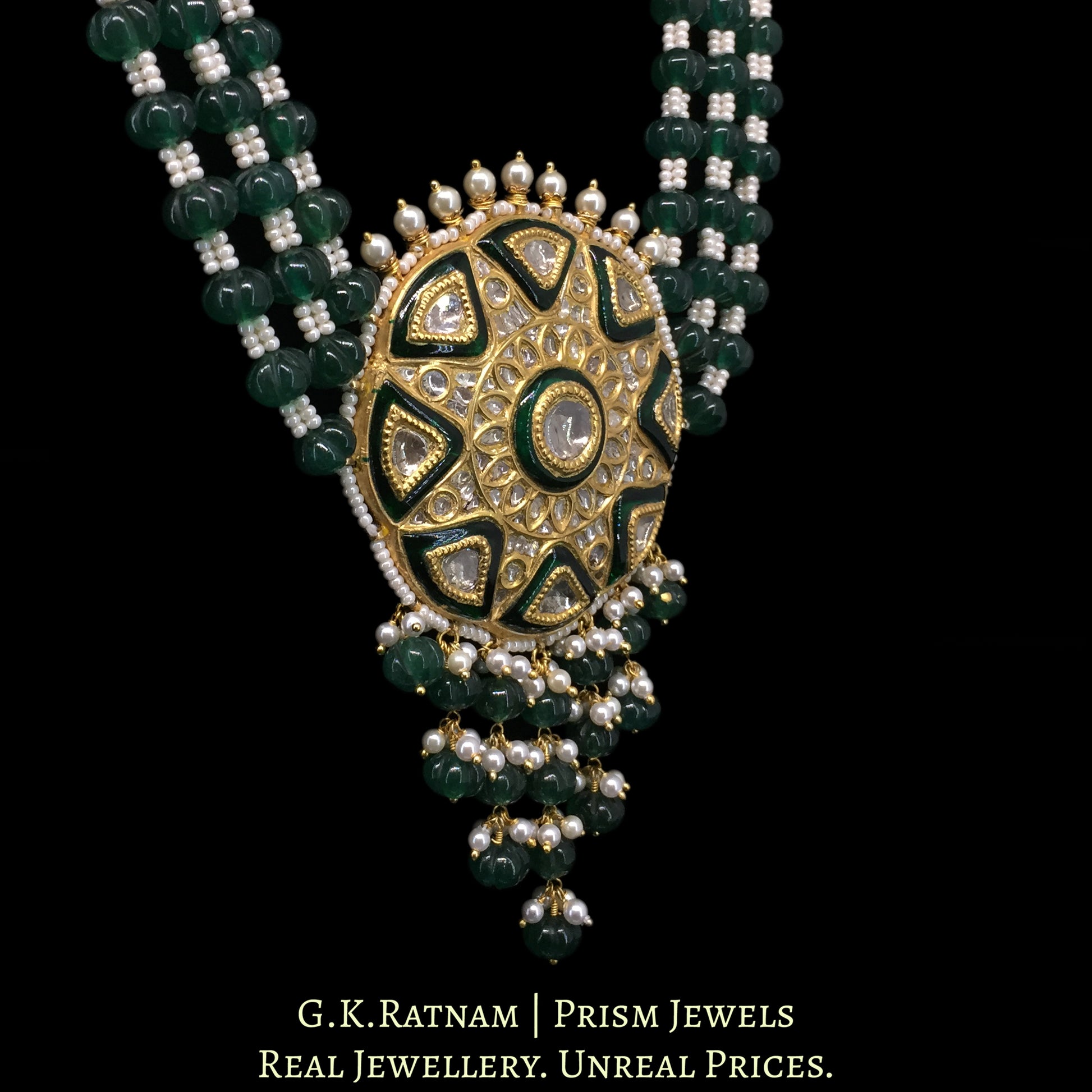 23k Gold and Diamond Polki Pendant Set with emerald-green Beryls - G. K. Ratnam