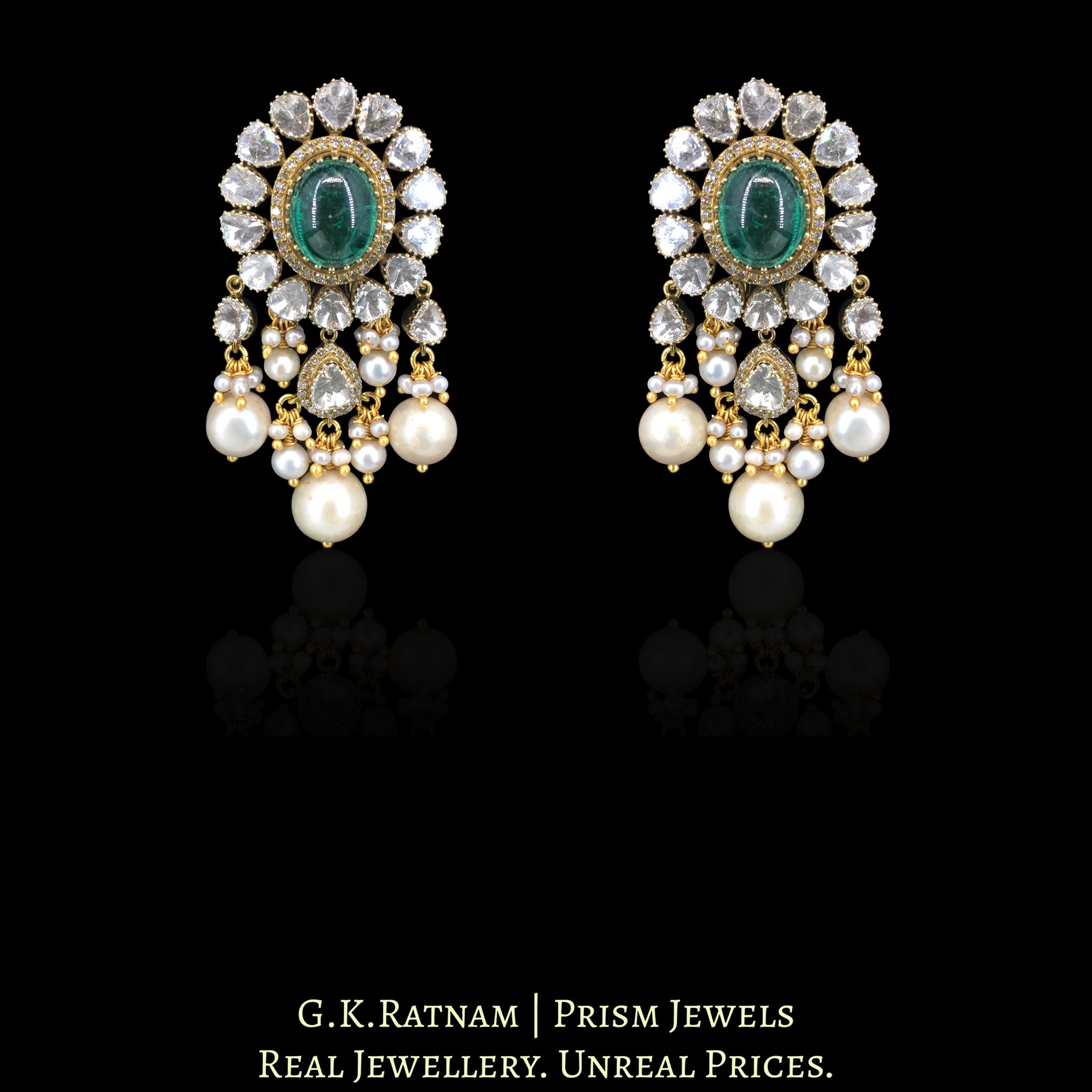 14k Gold and Diamond Polki Open Setting Necklace Set with Lab Grown Emeralds
