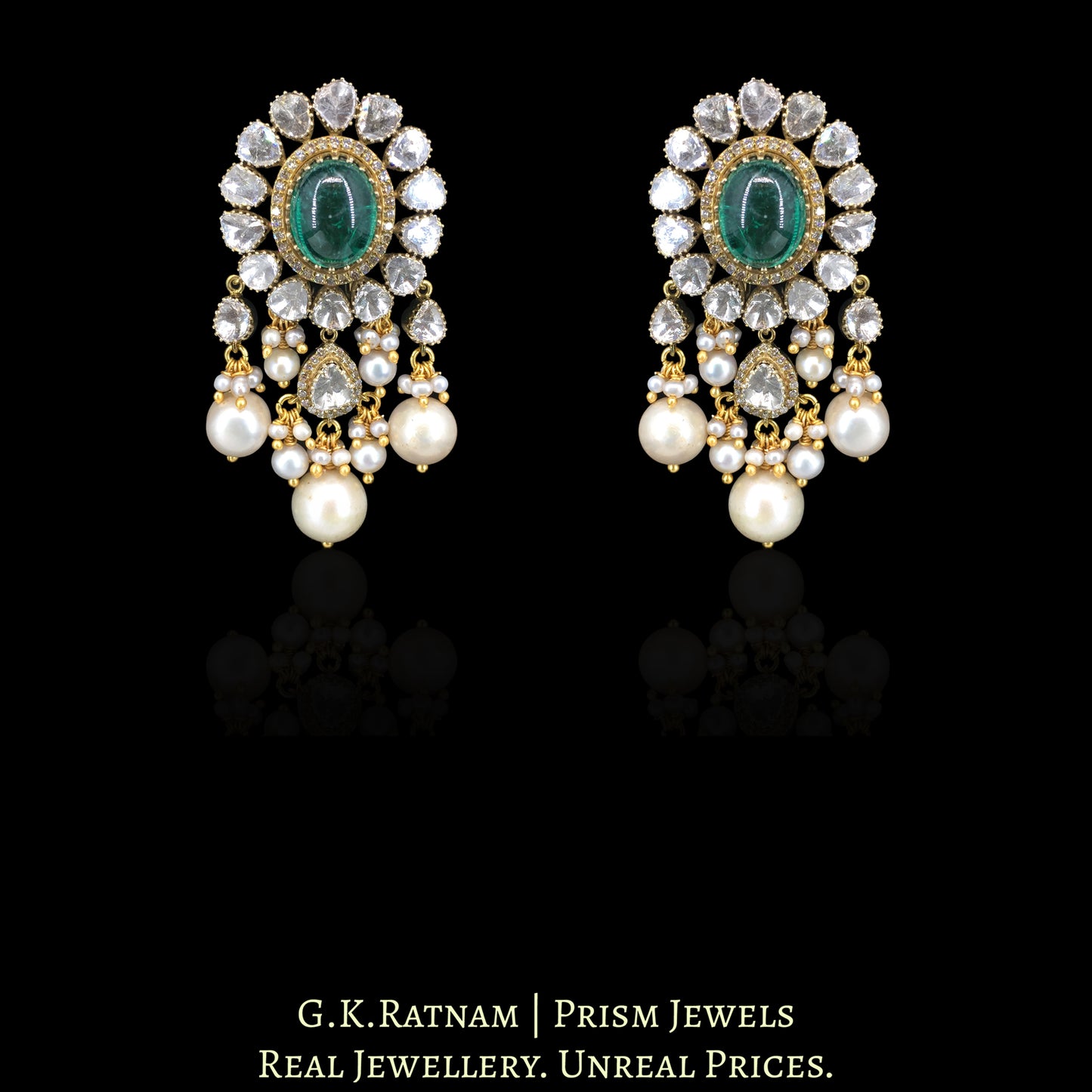 14k Gold and Diamond Polki Open Setting Necklace Set with Lab Grown Emeralds - G. K. Ratnam