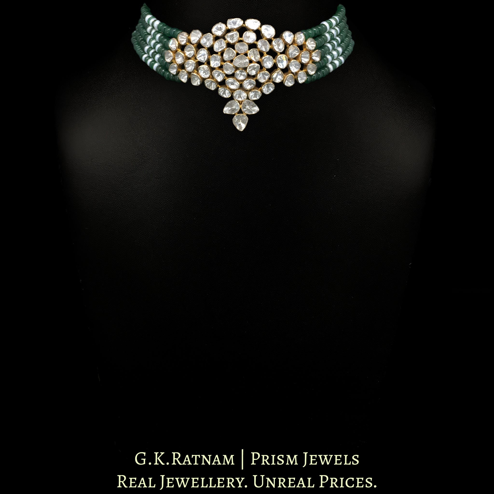 18k Gold and Diamond Polki Open Setting Choker Necklace Set with emerald-green Strawberry Quartz