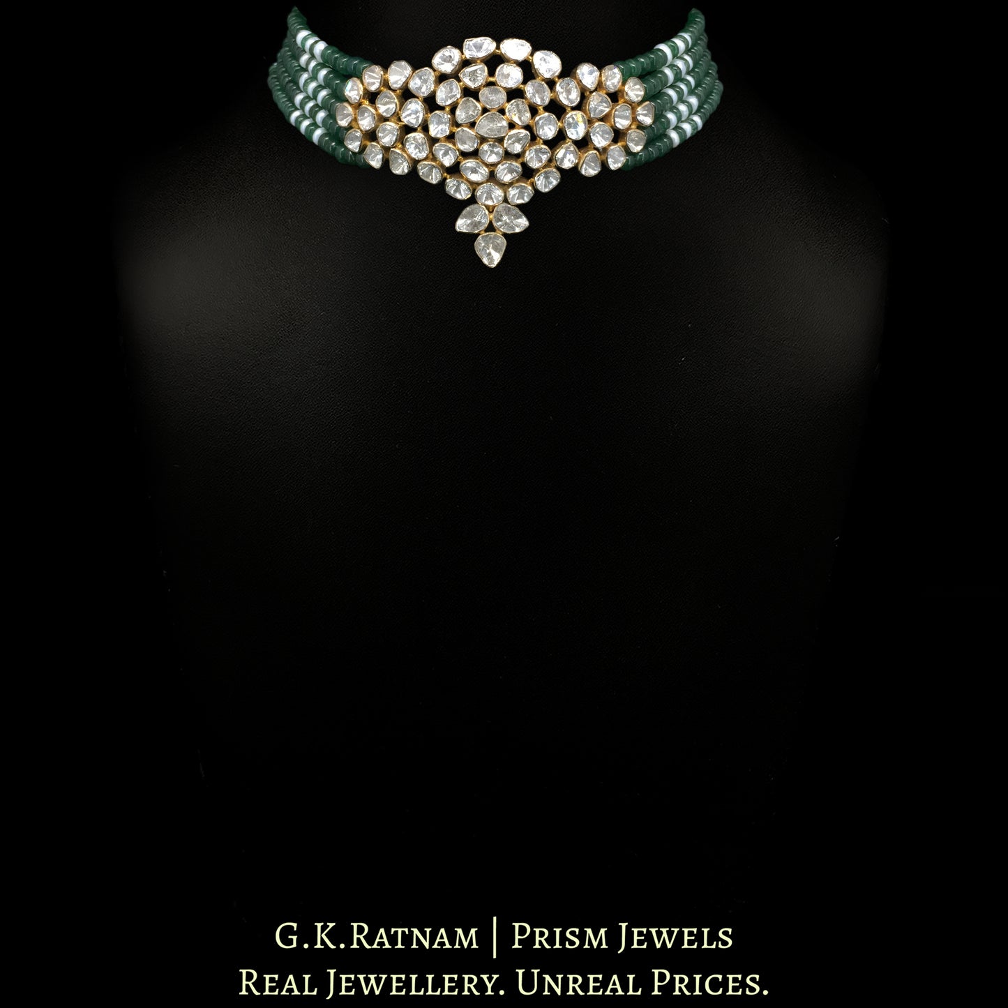 18k Gold and Diamond Polki Open Setting Choker Necklace Set with emerald-green Strawberry Quartz - G. K. Ratnam
