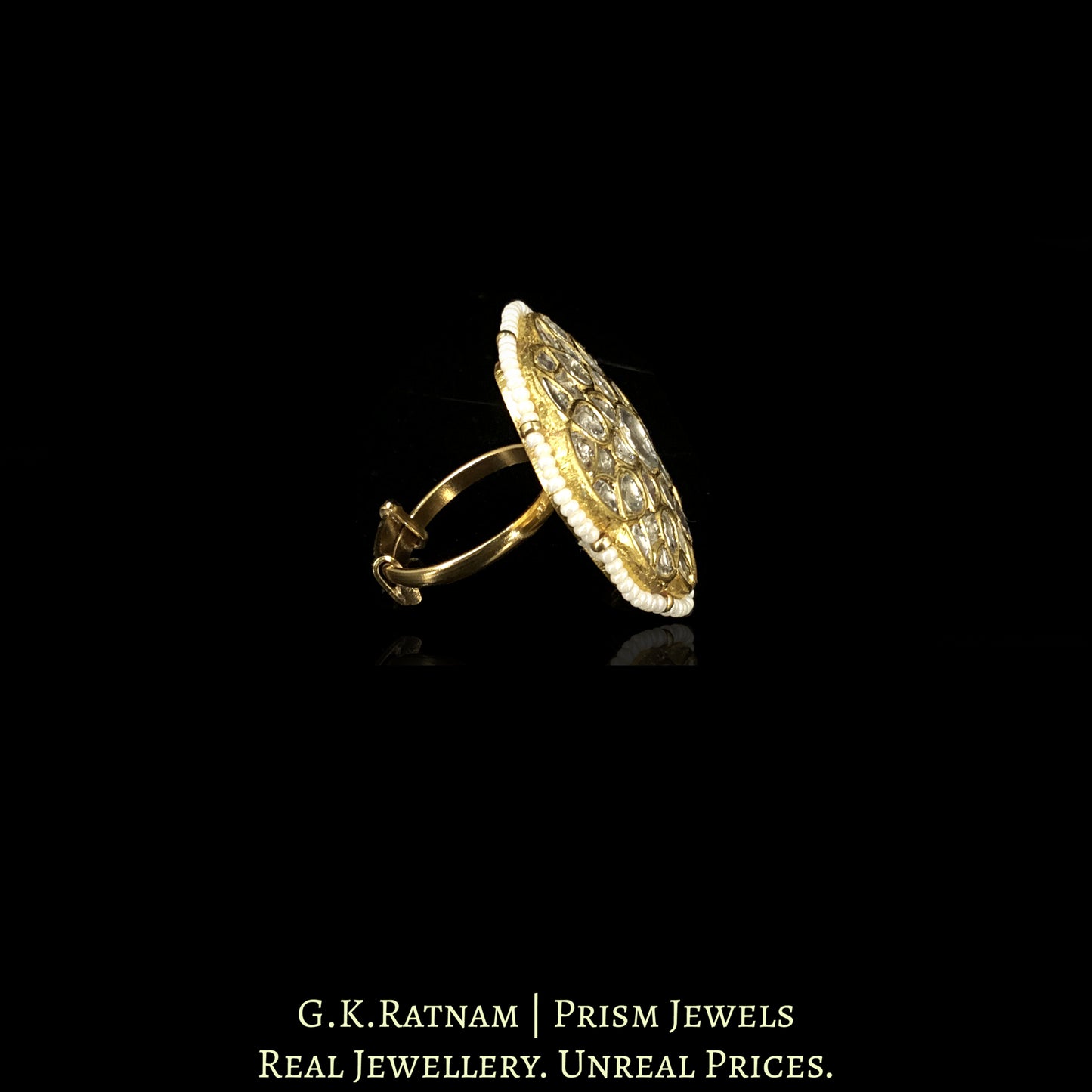 23k Gold And Diamond Polki Floral Ring outlined by Chid Pearls
