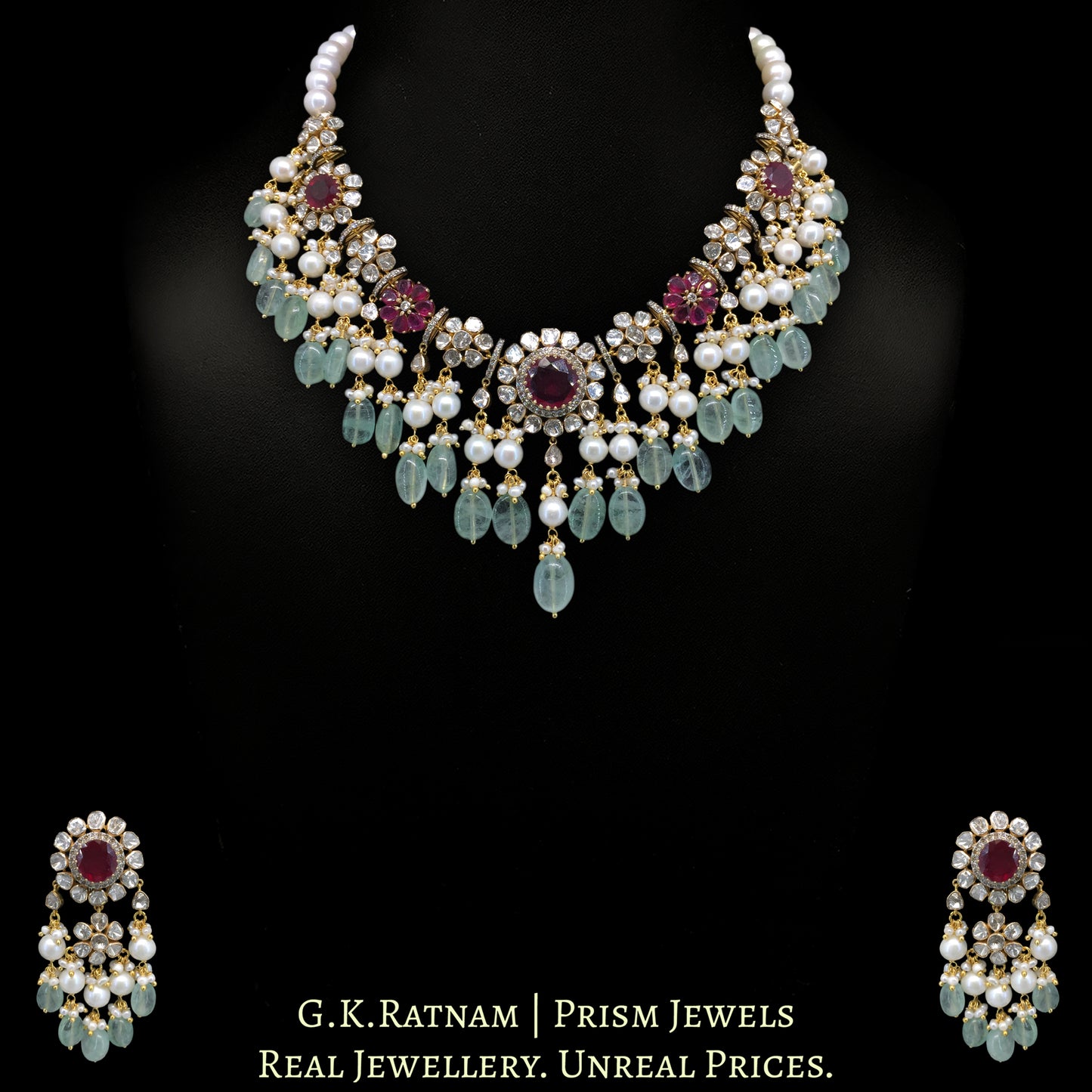 18k Gold and Diamond Polki Open Setting Necklace Set with Rubies