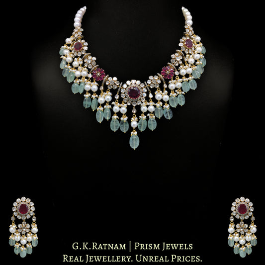 18k Gold and Diamond Polki Open Setting Necklace Set with Rubies