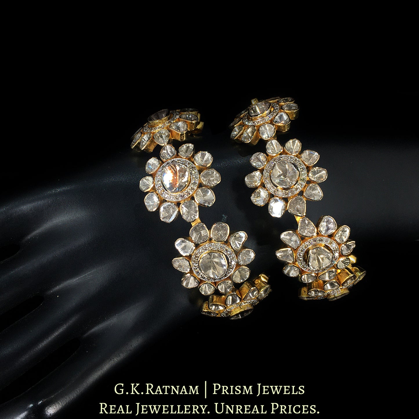 14k Gold and Diamond Polki Open Setting Bangle Pair