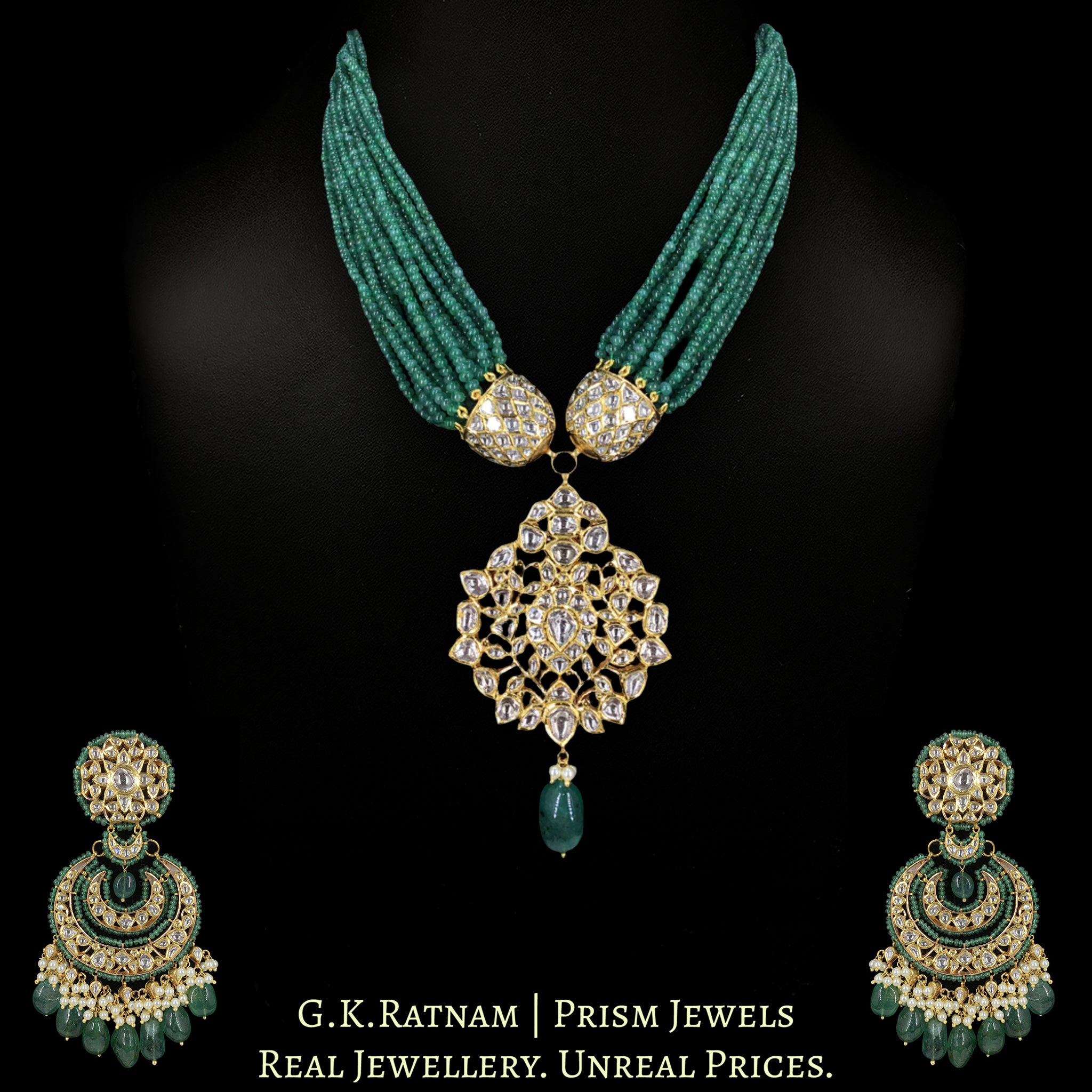 18k Gold and Diamond Polki Pendant Set enhanced with Natural Emerald Bunches