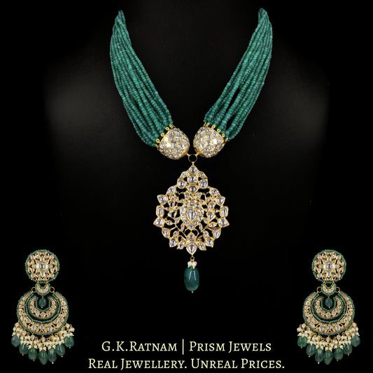 18k Gold and Diamond Polki Pendant Set enhanced with Natural Emerald Bunches - G. K. Ratnam