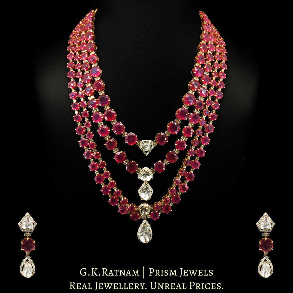 18k Gold and Diamond Polki Open Setting Long Necklace Set with Rubies