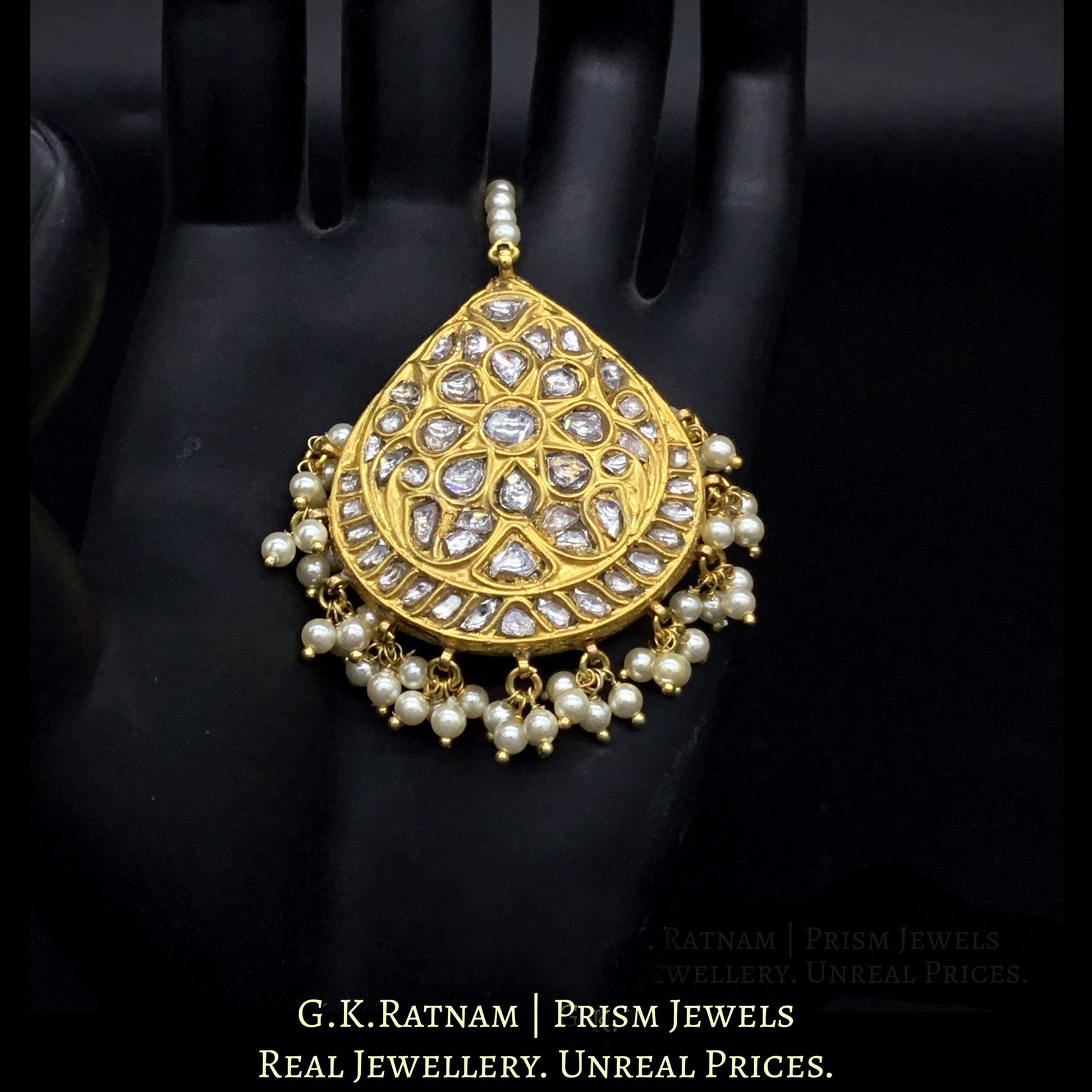 23k Gold and Diamond Polki Maang Tika with triple-coated shell pearls - G. K. Ratnam