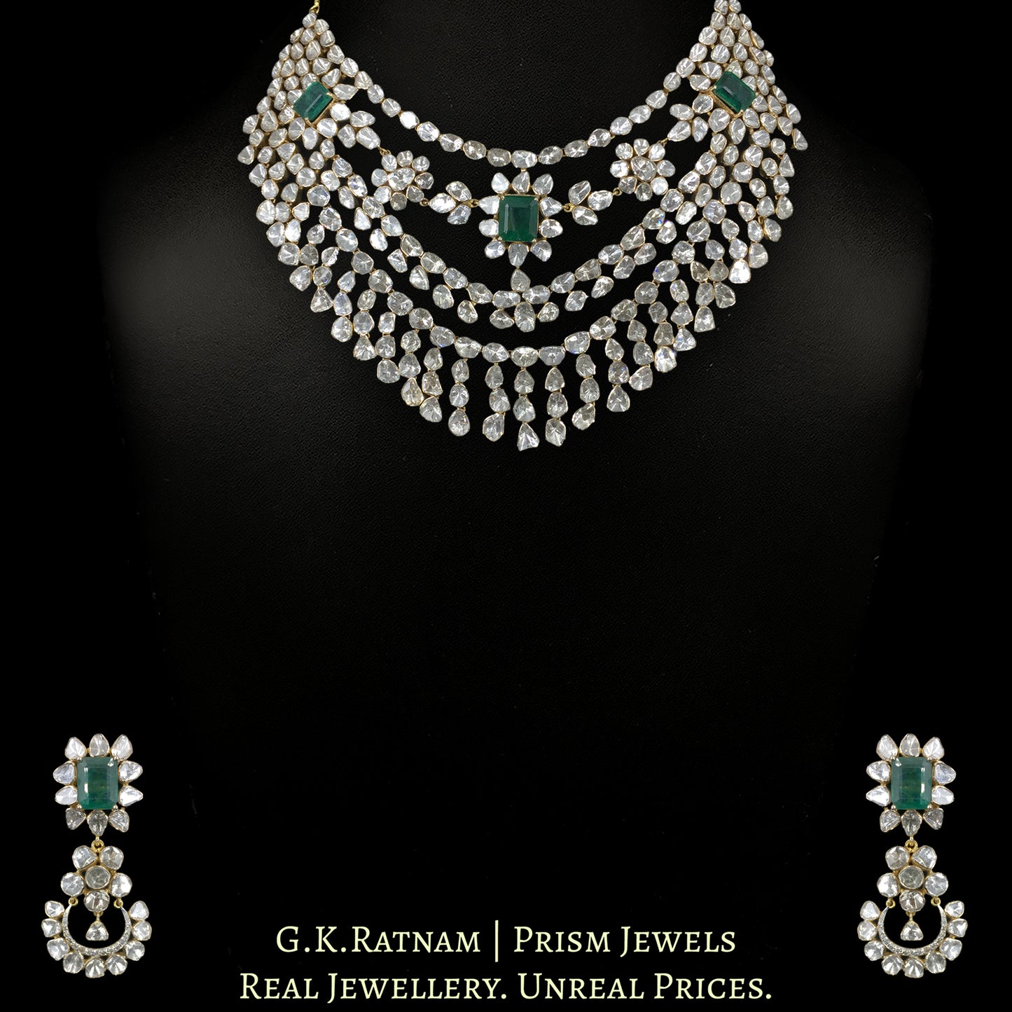 18k Gold and Diamond Polki Open Setting Necklace Set with Natural Emeralds