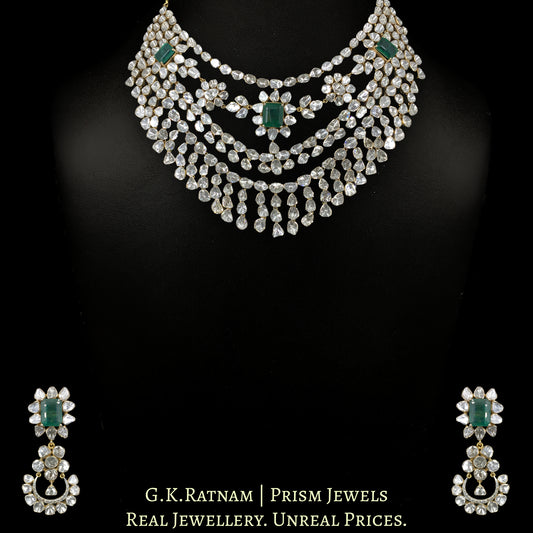 18k Gold and Diamond Polki Open Setting Necklace Set with Natural Emeralds