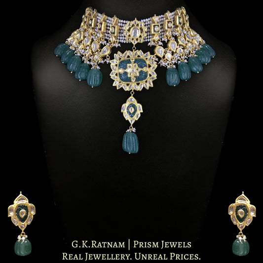 23k Gold and Diamond Polki Choker Necklace Set with Antiqued Pearls and hand-carved Melons