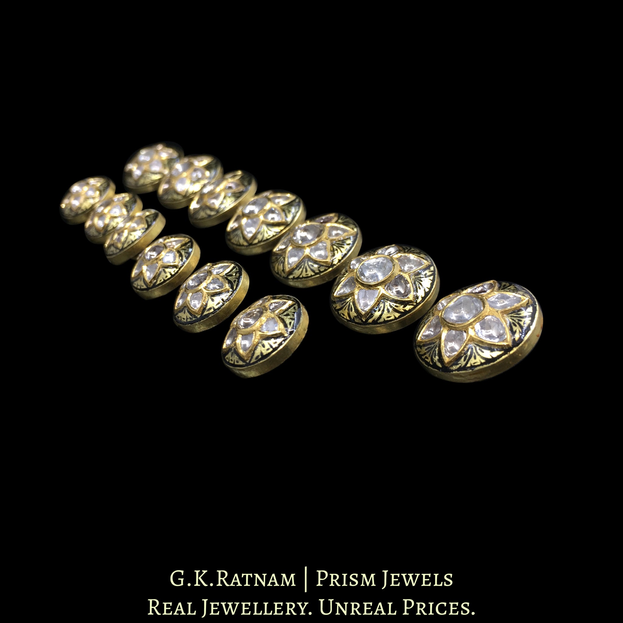 18k Gold And Diamond Polki Sherwani Buttons with Black Enamel