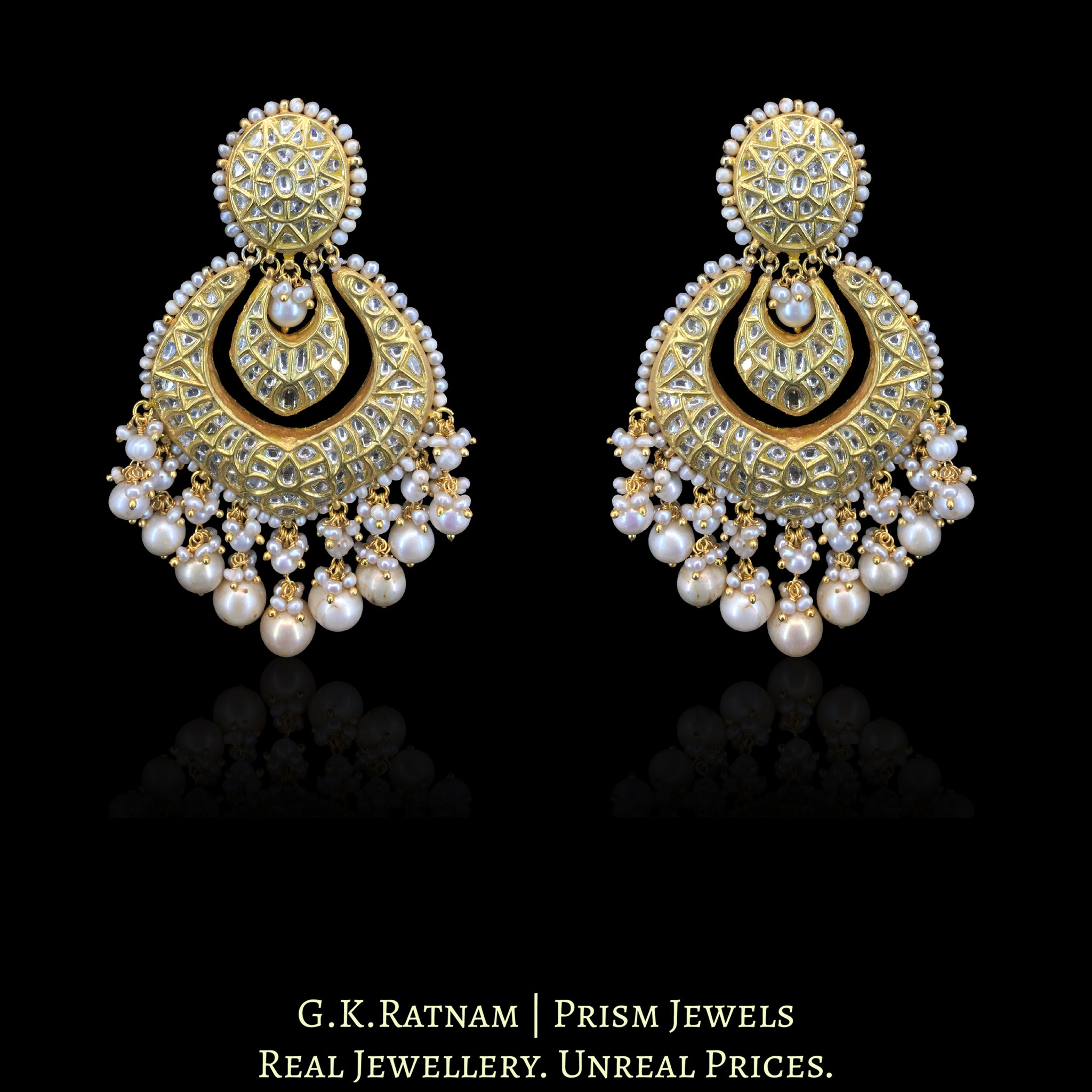 23k Gold and Diamond Polki Chand Bali Earring Pair strung with Antiqued Freshwater Pearls