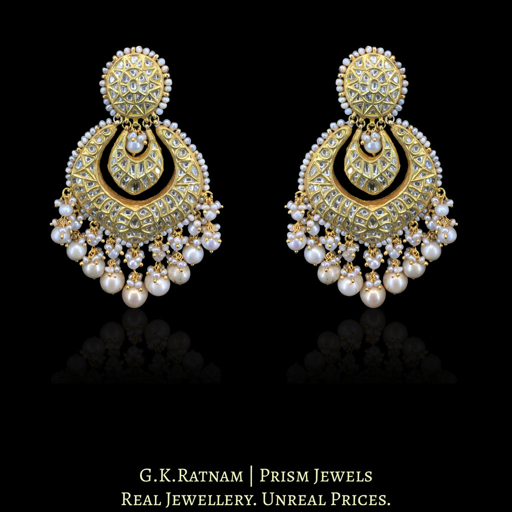 23k Gold and Diamond Polki Chand Bali Earring Pair strung with Antiqued Freshwater Pearls