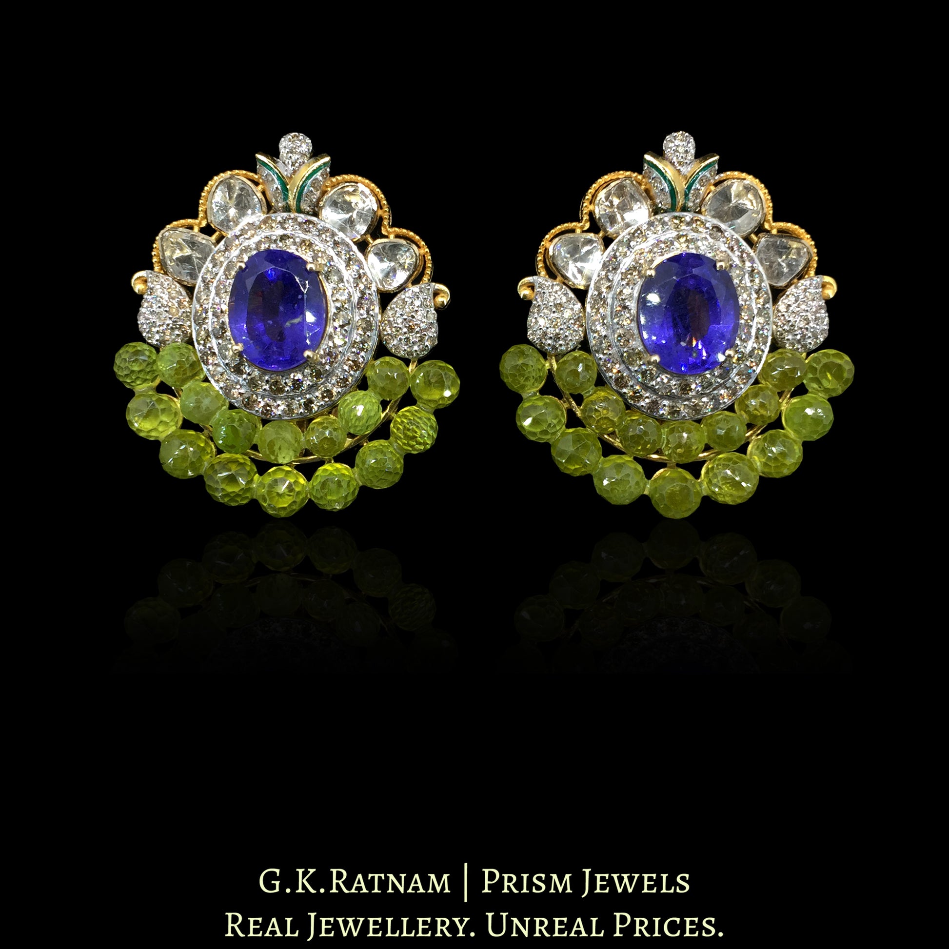 14k Gold and Diamond Polki Open Setting Karnfool Earring Pair with Peridot Briolettes - G. K. Ratnam