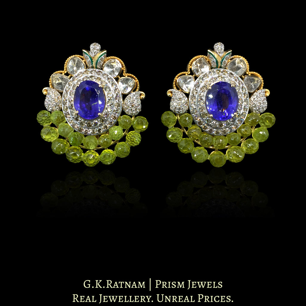 14k Gold and Diamond Polki Open Setting Karnfool Earring Pair with Peridot Briolettes