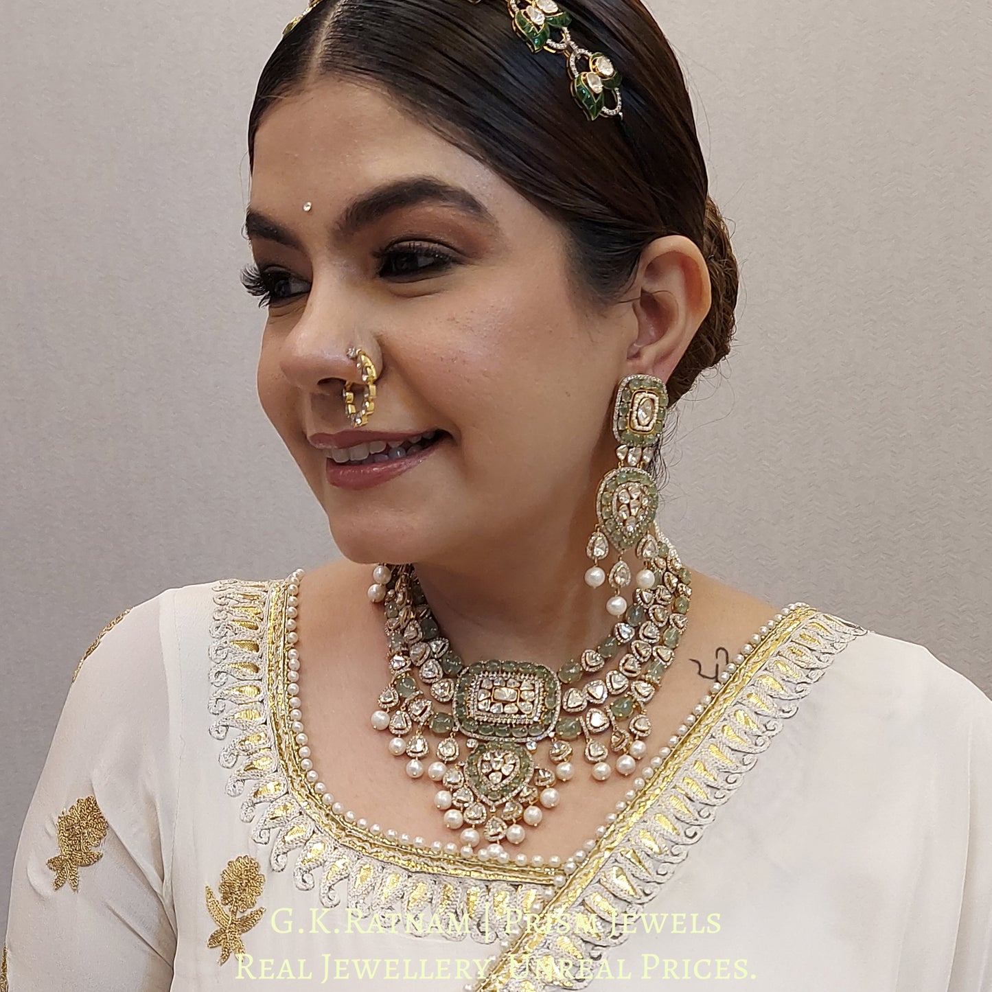 18k Gold and Diamond Polki Open Setting Necklace Set with emerald-grade cabochons