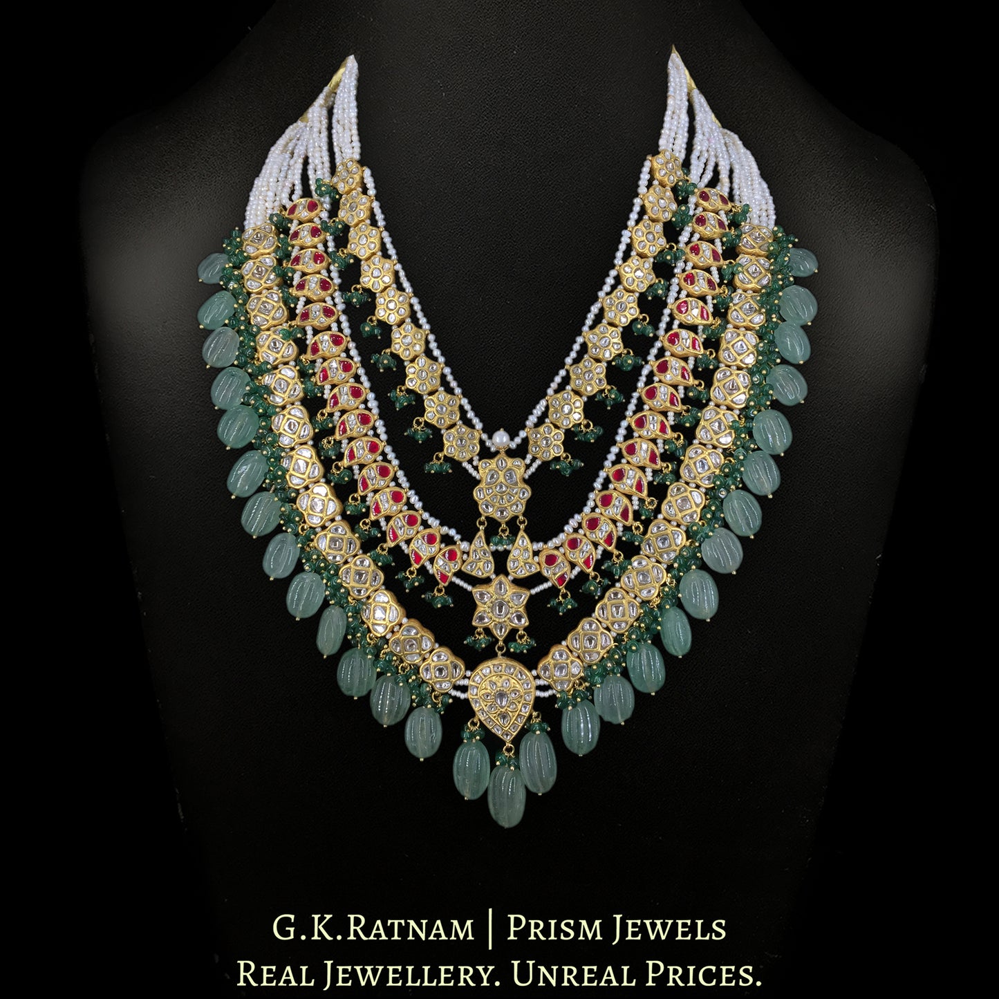 23k Gold and Diamond Polki three-line Necklace with hand-carved Strawberry Quartz Melons - G. K. Ratnam