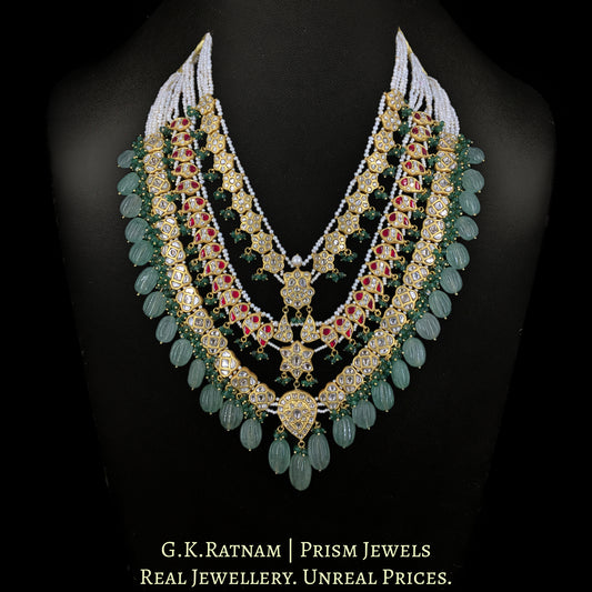 23k Gold and Diamond Polki three-line Necklace with hand-carved Strawberry Quartz Melons - G. K. Ratnam