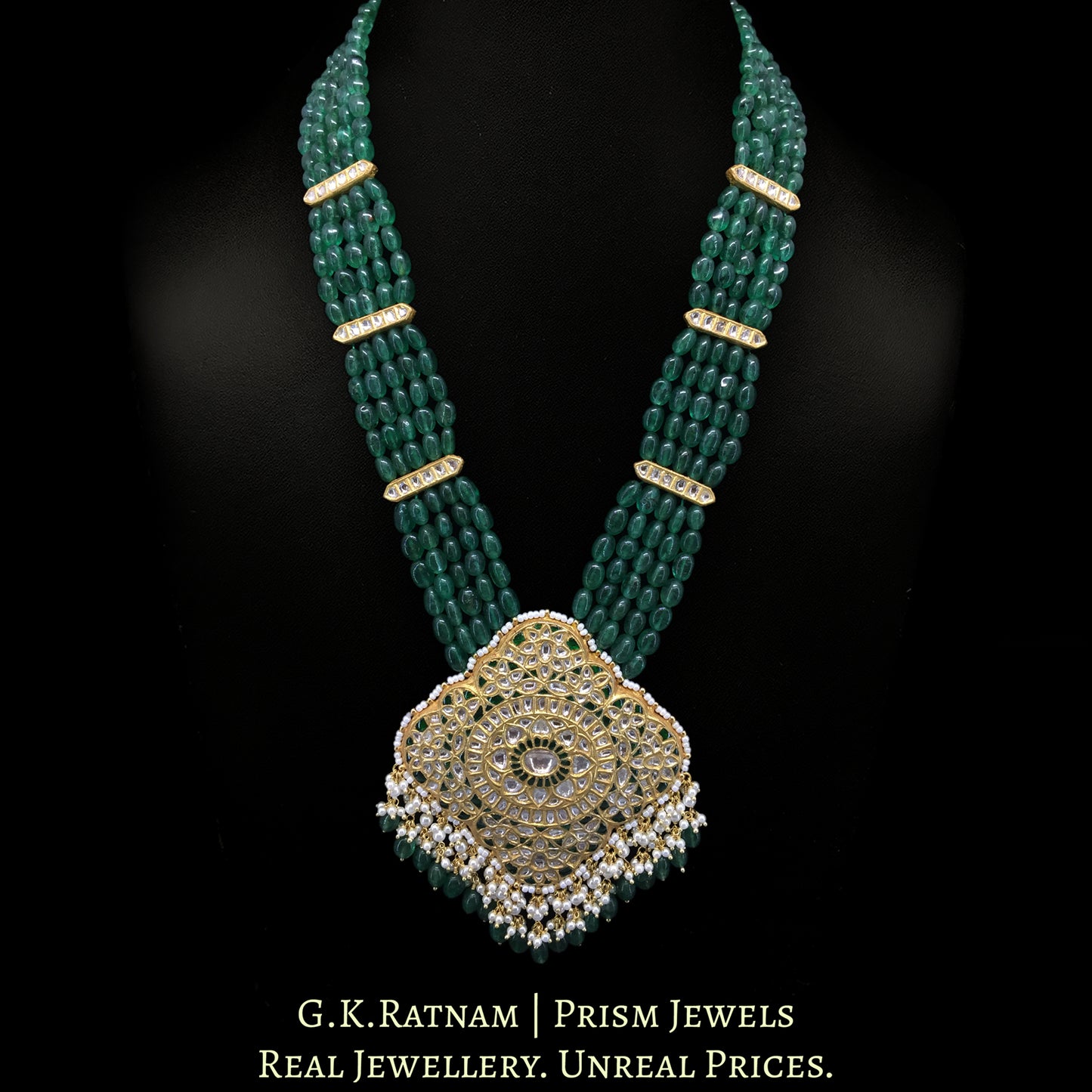 23k Gold and Diamond Polki Pendant Set strung with emerald-green Strawberry Quartz Maniya - G. K. Ratnam