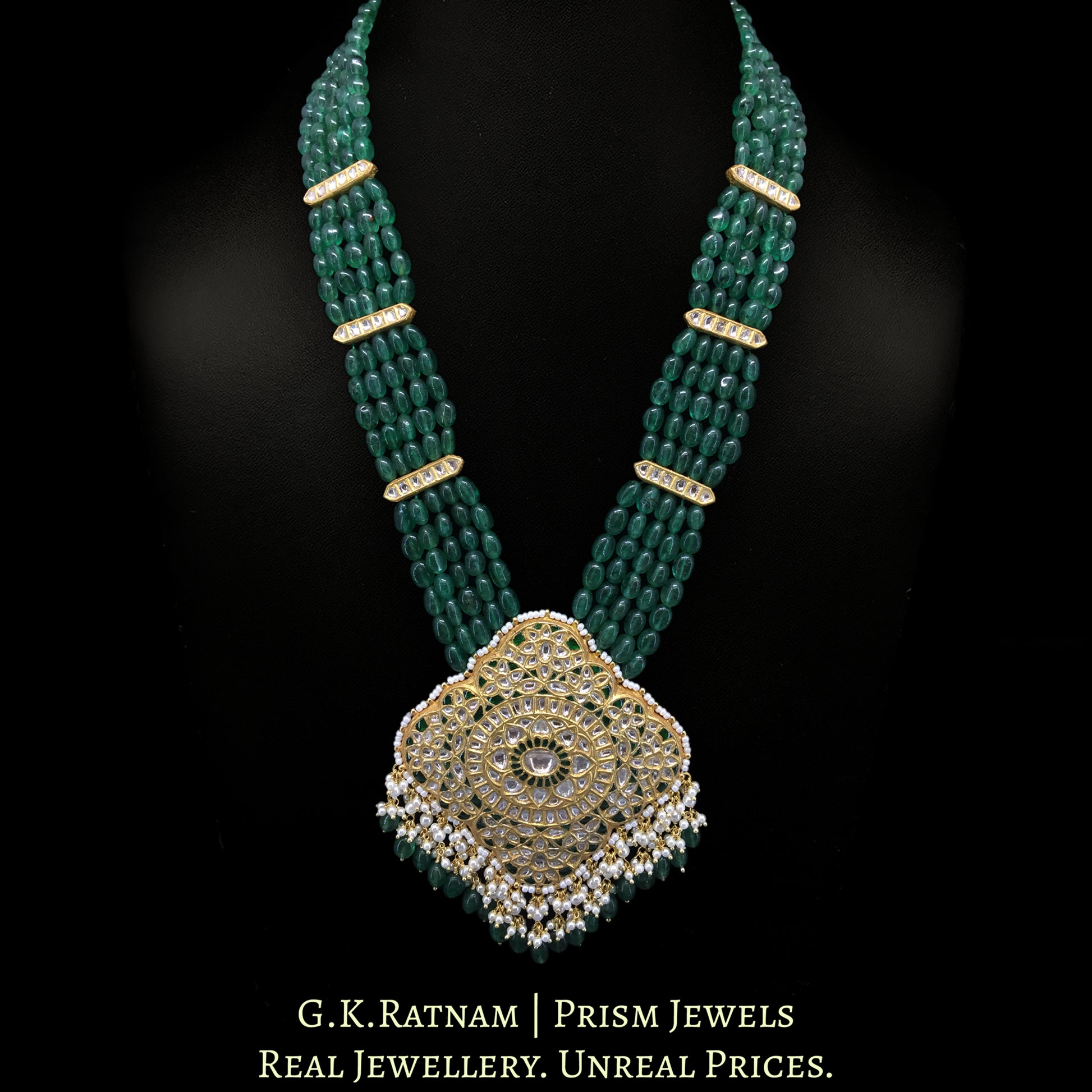 23k Gold and Diamond Polki Pendant Set strung with emerald-green Strawberry Quartz Maniya - G. K. Ratnam